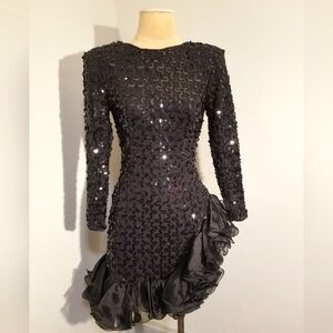 DE LARU DRESS JOSEPH LARA VINTAGE PROM SEQUIN LBD RUFFLE NEW YEARS ASYMMETRICAL